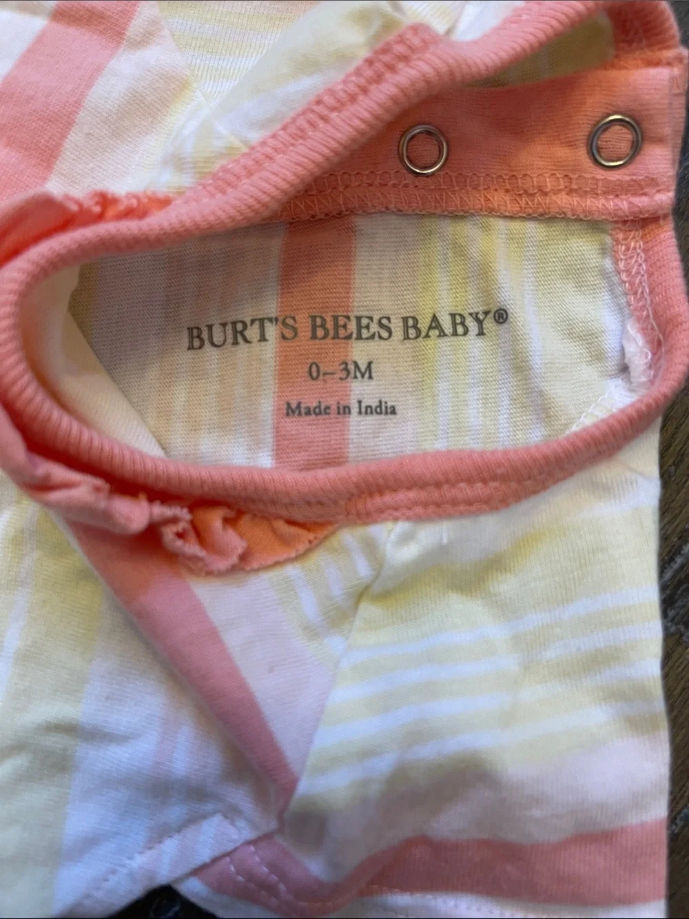 Burt's Bees Baby Peach and Yellow Stripe Onesie With Ruffle Neck